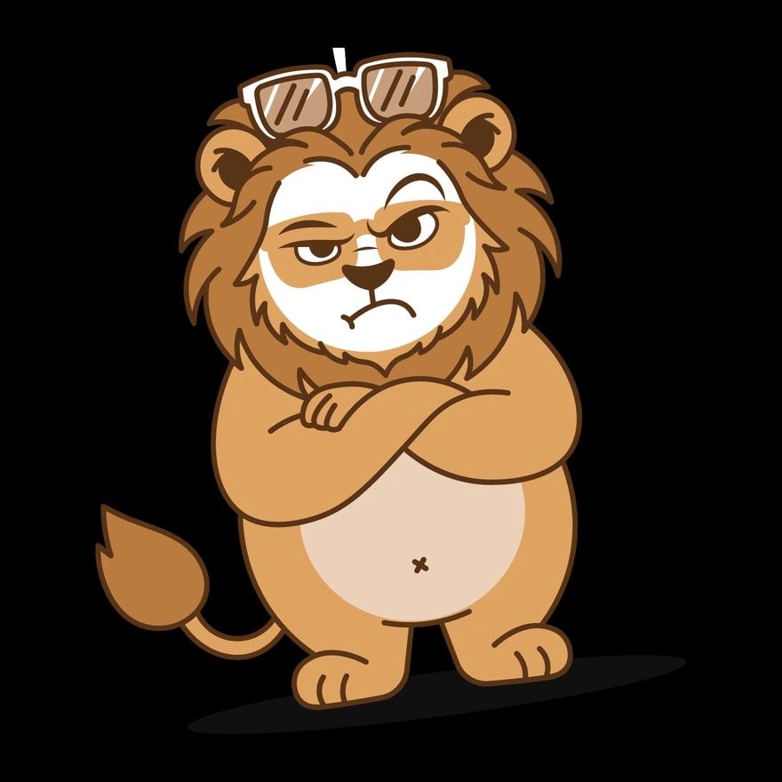 선글라스를 이마에 올리고 팔짱을 낀 SUNLION 캐릭터 리온이